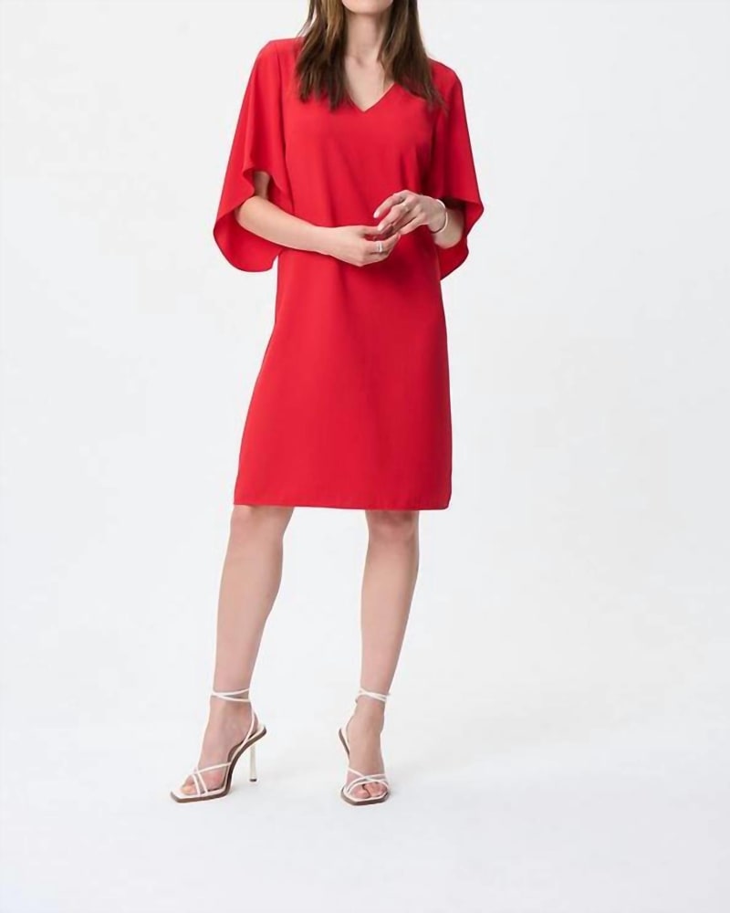 Front of a model wearing a size 14 Draped Sleeve Shift Dress In Magma Red in Magma Red by Joseph Ribkoff. | dia_product_style_image_id:346622